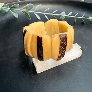Vintage Tagua Stretch Bracelet | Chunky‎ Cream & Dark Inlay Bangle | Tribal Boho